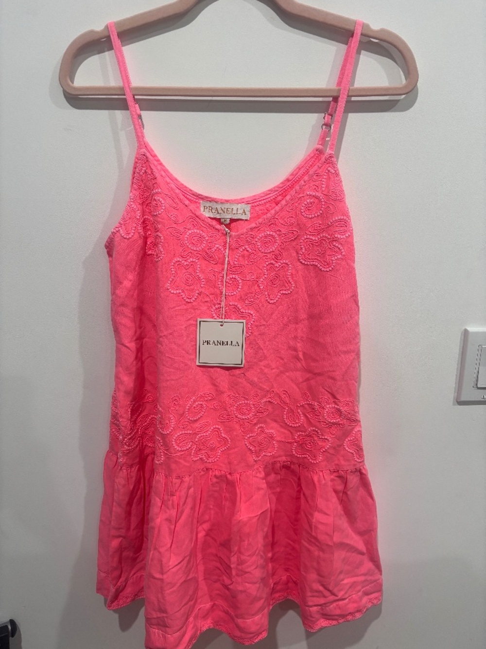 NWT Pranella Cruz Dress Medium Bright Pink Floral Embroidery Tiered Ruffle Hem